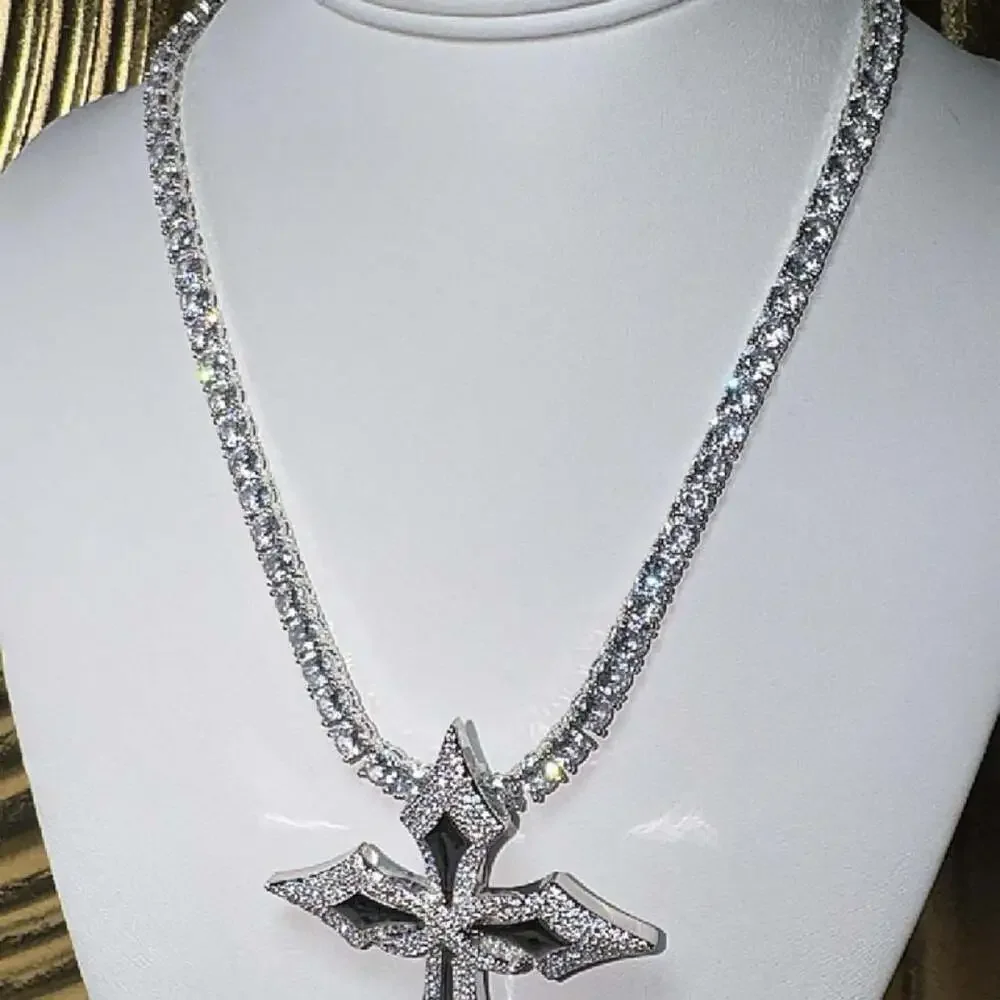 Silver Cross Tennis Necklace 2 D 1 E